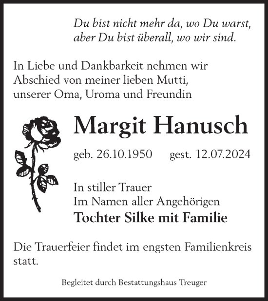 Traueranzeige von Margit Hanusch von WochenKurier