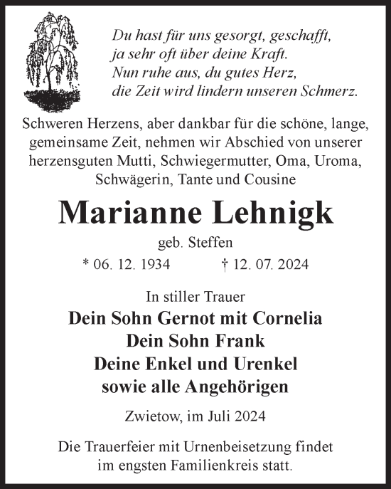 Traueranzeige von Marianne Lehnigk von WochenKurier