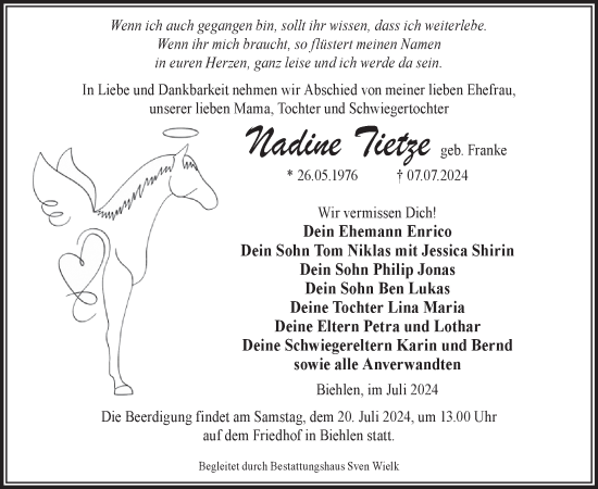Traueranzeige von Nadine Tietze von WochenKurier