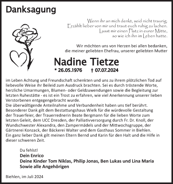 Traueranzeige von Nadine Tietze von WochenKurier