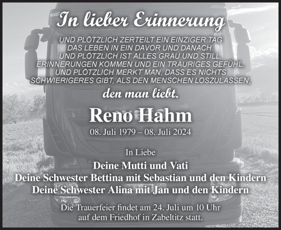 Traueranzeige von Reno Hahm von WochenKurier