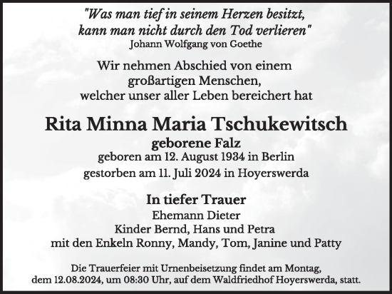Traueranzeige von Rita Minna Maria Tschukewitsch von WochenKurier
