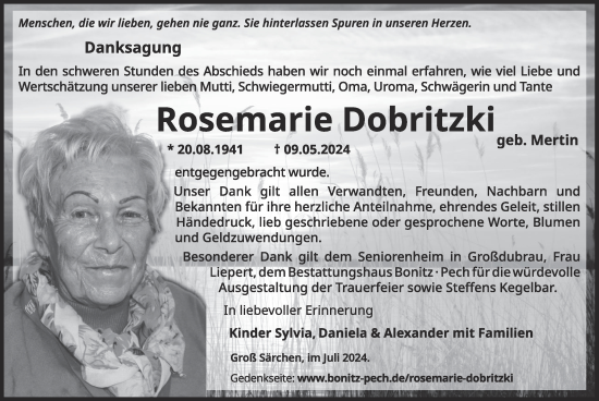Traueranzeige von Rosemarie Dobritzki von WochenKurier