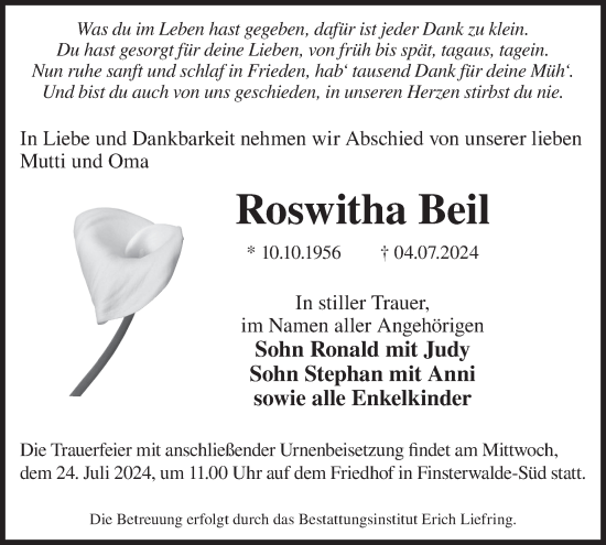 Traueranzeige von Roswitha Beil von WochenKurier