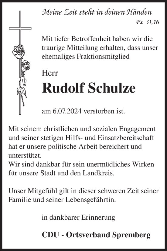 Traueranzeige von Rudolf Schulze von WochenKurier