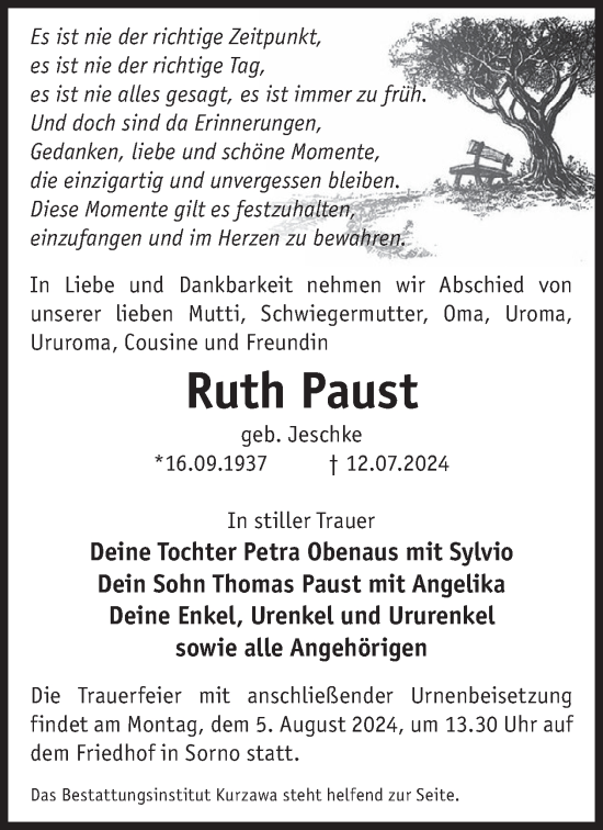 Traueranzeige von Ruth Paust von WochenKurier