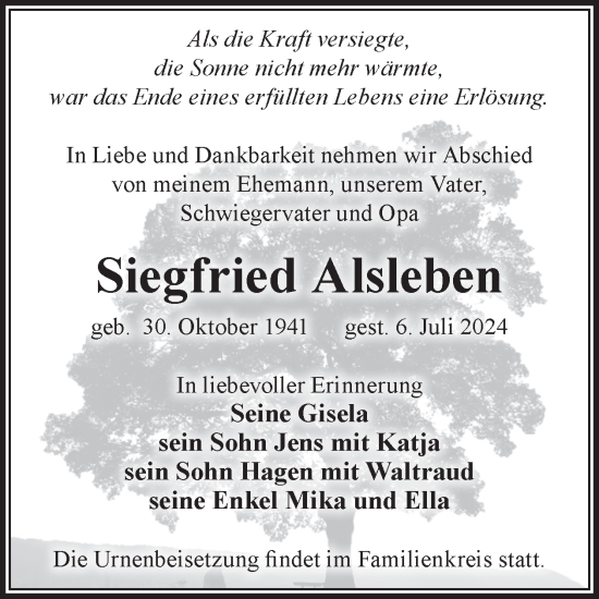 Traueranzeige von Siegfried Alsleben von WochenKurier