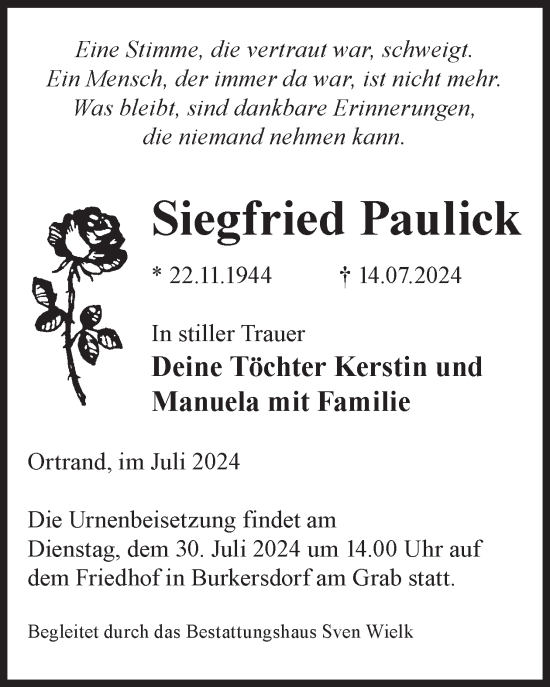 Traueranzeige von Siegfried Paulick von WochenKurier