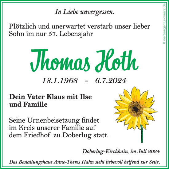 Traueranzeige von Thomas Hoth von WochenKurier