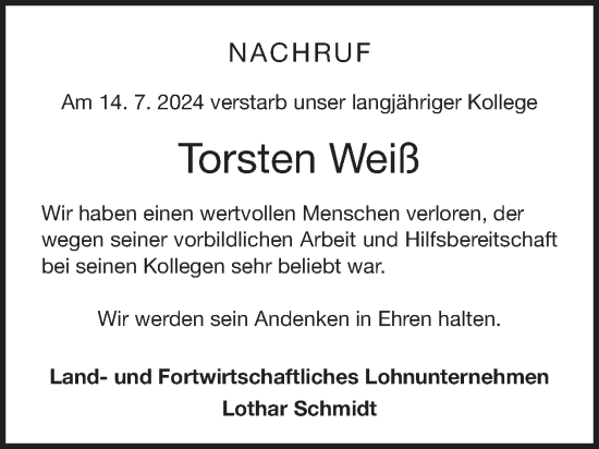 Traueranzeige von Torsten Weiß von WochenKurier