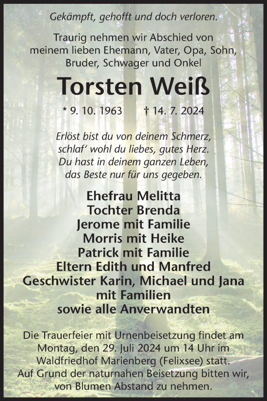 Traueranzeige von Torsten Weiß von WochenKurier