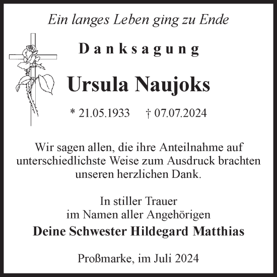 Traueranzeige von Ursula Naujoks von WochenKurier