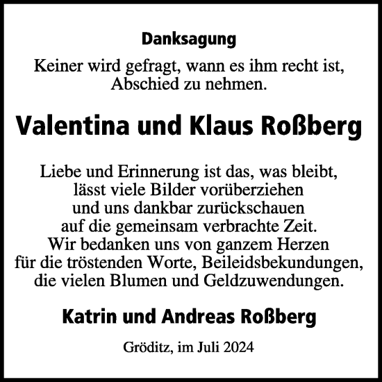 Traueranzeige von Valentina Roßberg von WochenKurier