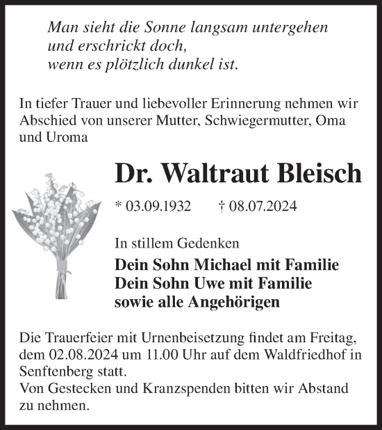 Traueranzeige von Waltraut Bleisch von WochenKurier