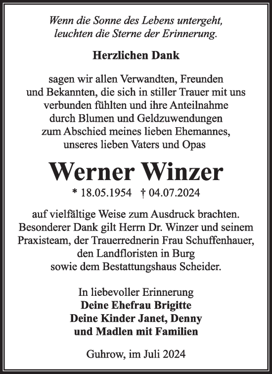 Traueranzeige von Werner Winzer von WochenKurier