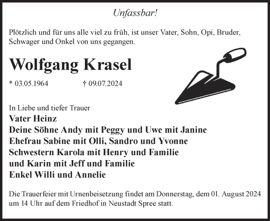 Traueranzeige von Wolfgang Krasel von WochenKurier