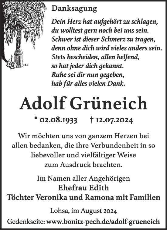 Traueranzeige von Adolf Grüneich von WochenKurier