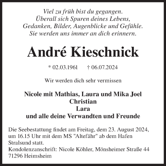 Traueranzeige von Andre Kieschnick von WochenKurier