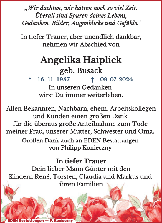Traueranzeige von Angelika Haiplick von WochenKurier