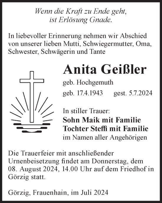 Traueranzeige von Anita Geißler von WochenKurier