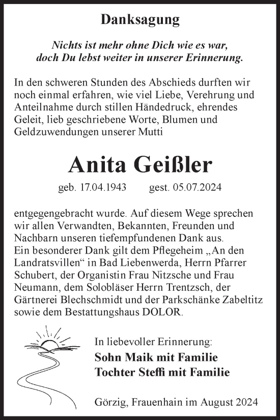Traueranzeige von Anita Geißler von WochenKurier