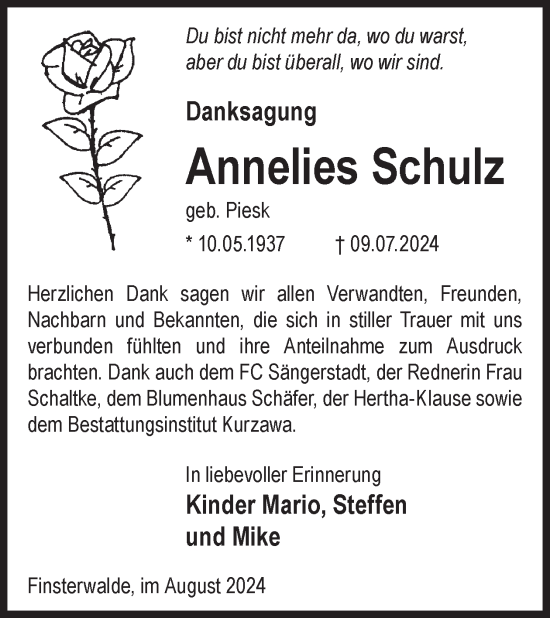 Traueranzeige von Annelies Schulz von WochenKurier
