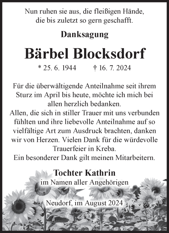 Traueranzeige von Bärbel Blocksdorf von WochenKurier