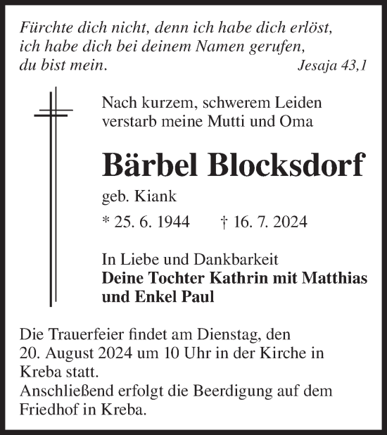 Traueranzeige von Bärbel Blocksdorf von WochenKurier