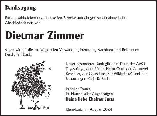 Traueranzeige von Dietmar Zimmer von WochenKurier