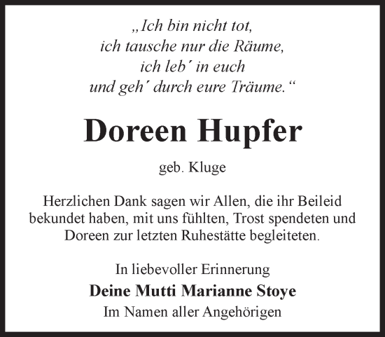 Traueranzeige von Doreen Hupfer von WochenKurier