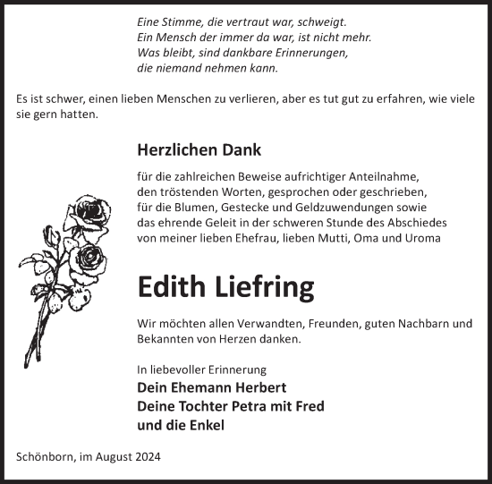 Traueranzeige von Edith Liefring von WochenKurier