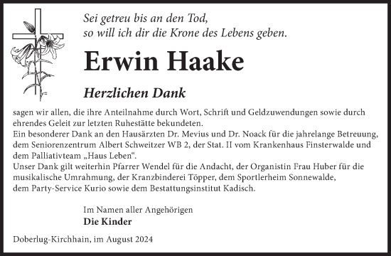 Traueranzeige von Erwin Haake von WochenKurier