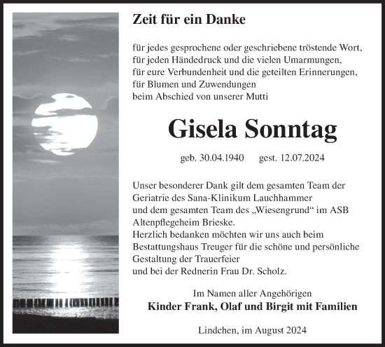 Traueranzeige von Gisela Sonntag von WochenKurier