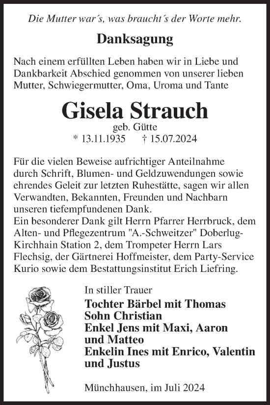 Traueranzeige von Gisela Strauch von WochenKurier