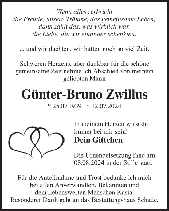 Traueranzeige von Günter-Bruno Zwillus von WochenKurier