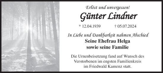 Traueranzeige von Günter Lindner von WochenKurier