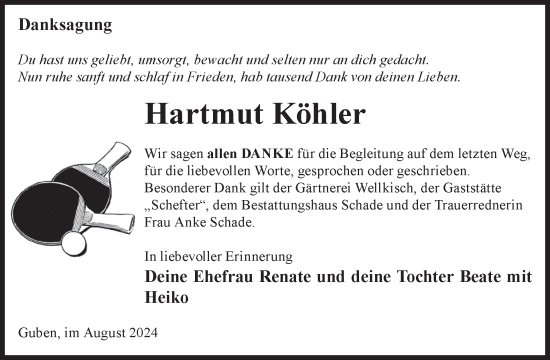 Traueranzeige von Hartmut Köhler von WochenKurier