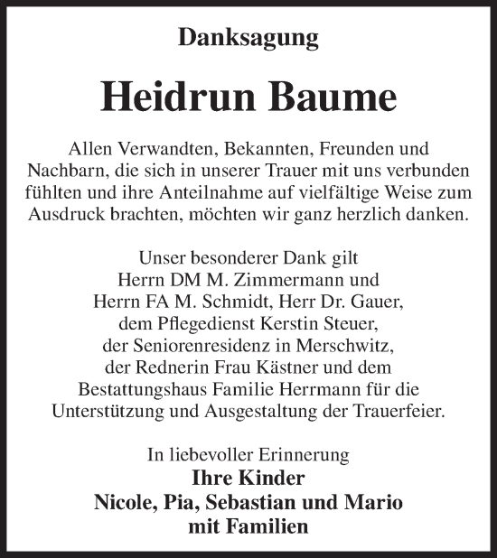 Traueranzeige von Heidrun Baume von WochenKurier