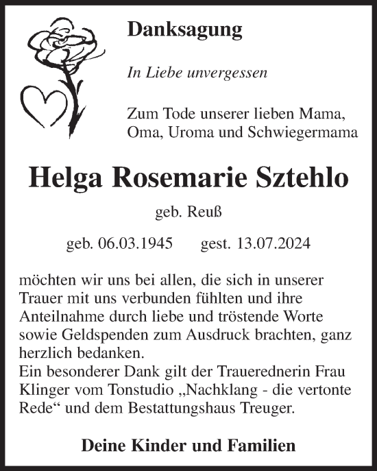 Traueranzeige von Helga Rosemarie Sztehlo von WochenKurier