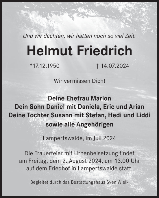 Traueranzeige von Helmut Friedrich von WochenKurier