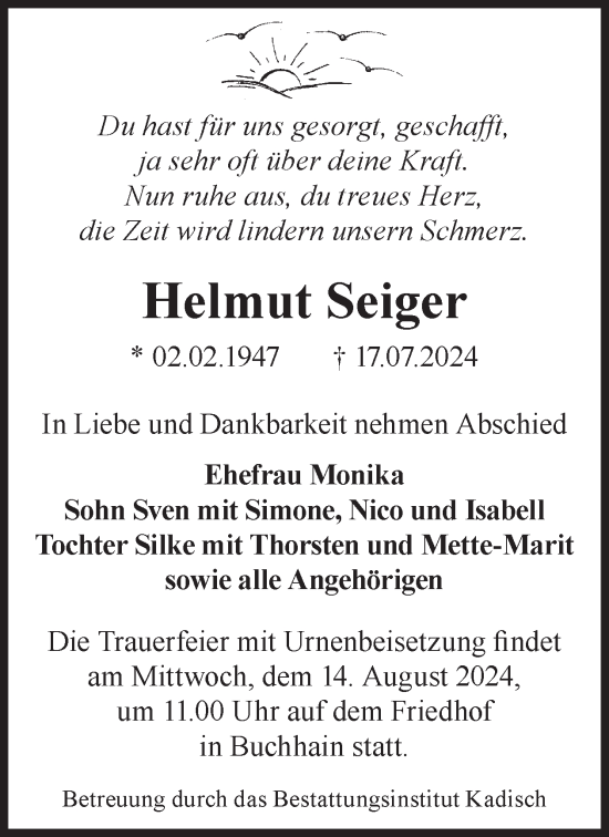 Traueranzeige von Helmut Seiger von WochenKurier