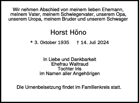 Traueranzeige von Horst Höno von WochenKurier