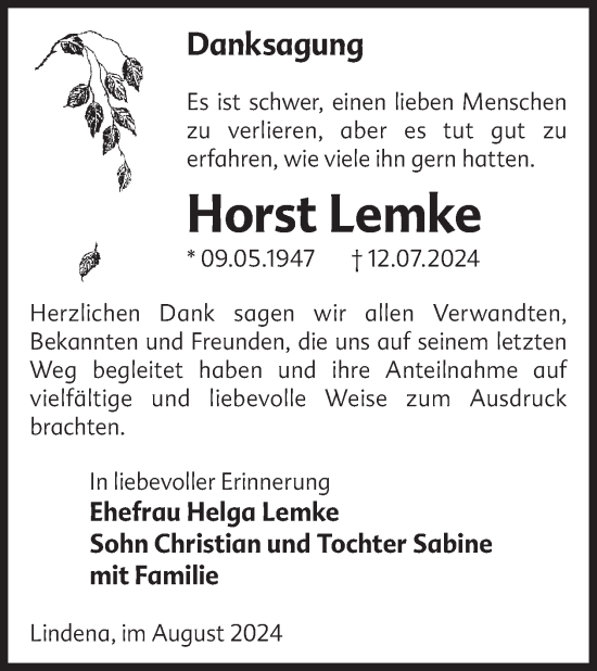 Traueranzeige von Horst Lemke von WochenKurier