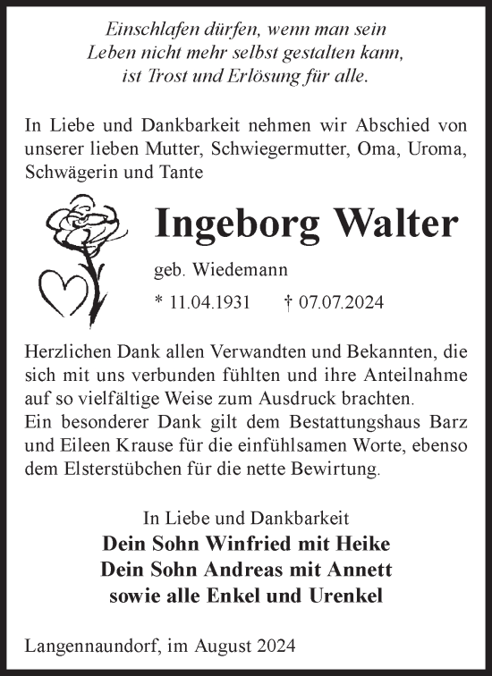 Traueranzeige von Ingeborg Walter von WochenKurier