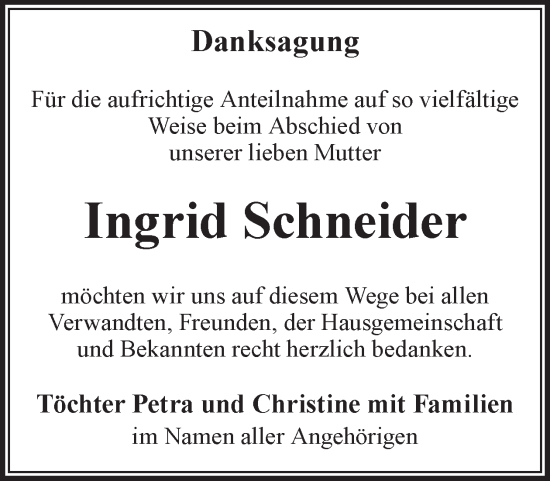 Traueranzeige von Ingrid Schneider von WochenKurier