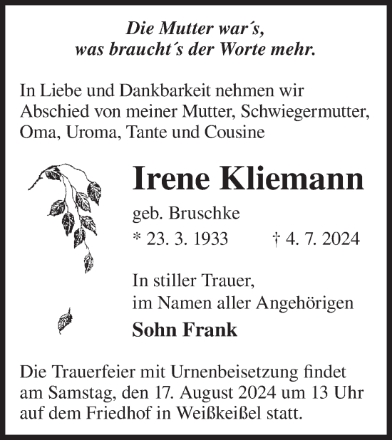 Traueranzeige von Irene Kliemann von WochenKurier