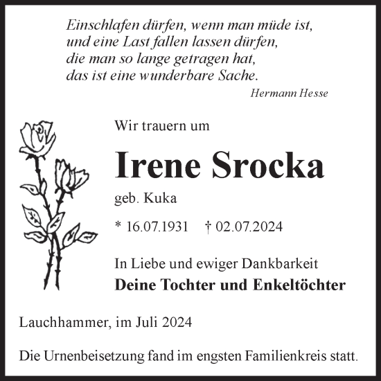 Traueranzeige von Irene Srocka von WochenKurier