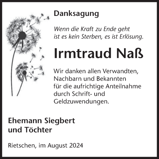 Traueranzeige von Irmtraud Naß von WochenKurier