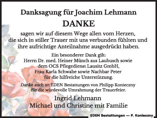 Traueranzeige von Joachim Lehmann von WochenKurier