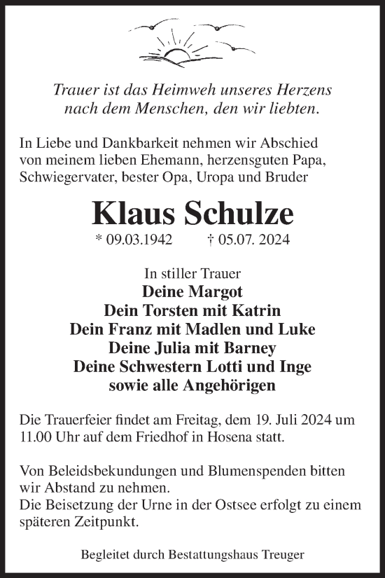 Traueranzeige von Klaus Schulze von WochenKurier